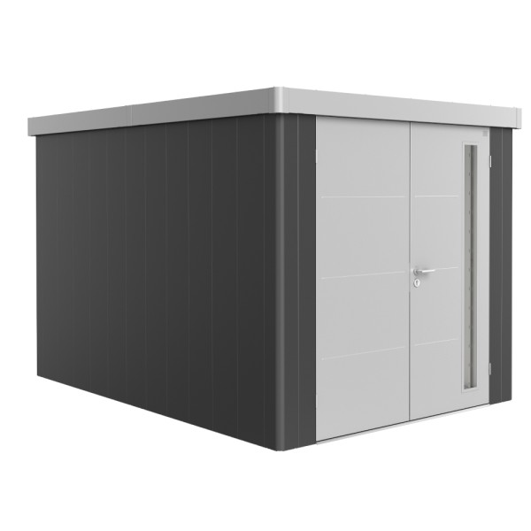 BIOHORT Gerätehaus Neo 4B 236x348 mit Doppeltür (zweifarbig) dunkelgrau- / silber-metallic