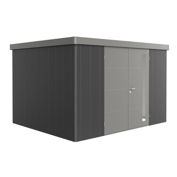 BIOHORT Gerätehaus Neo 3D 348x292 mit Doppeltür (zweifarbig) dunkelgrau- / quarzgrau-metallic