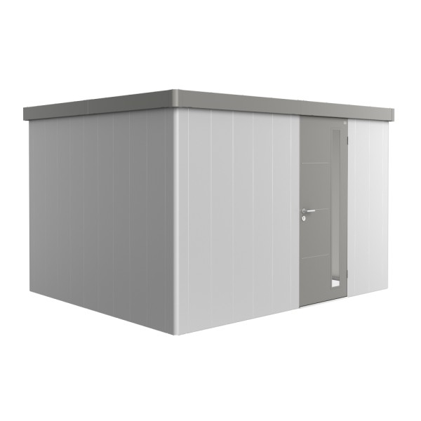 BIOHORT Gerätehaus Neo 3D 348x292 mit Einzeltür (zweifarbig) silber- / quarzgrau-metallic