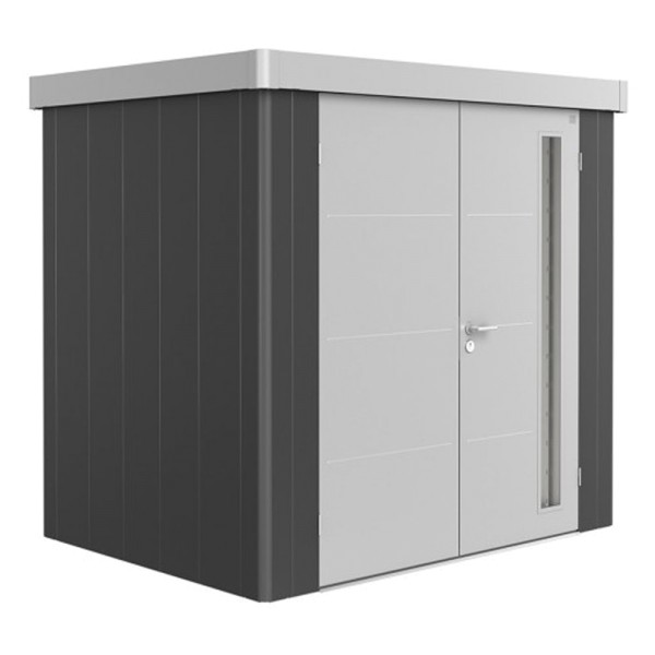 BIOHORT Gerätehaus Neo 1B 236x180 mit Doppeltür dunkelgrau-metallic (Wand) silber-metallic (Dach- un