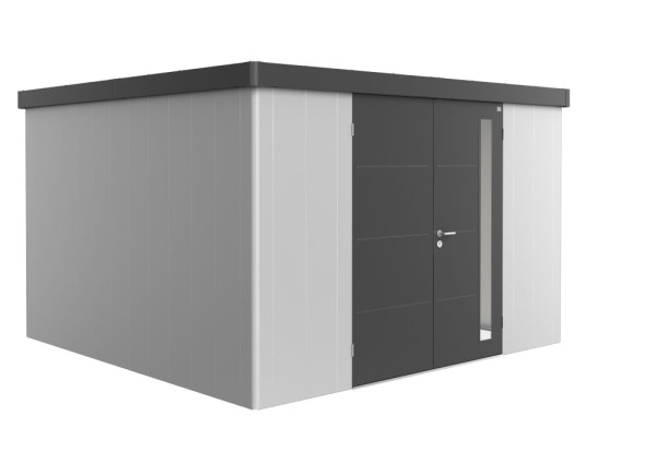 BIOHORT Gerätehaus Neo 4D 348x348 mit Doppeltür (zweifarbig) silber- / dunkelgrau-metallic