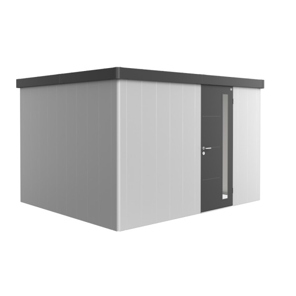 BIOHORT Gerätehaus Neo 3D 348x292 mit Einzeltür (zweifarbig) silber- / dunkelgrau-metallic