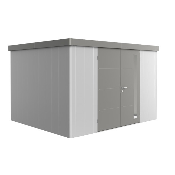 BIOHORT Gerätehaus Neo 3D 348x292 mit Doppeltür (zweifarbig) silber- / quarzgrau-metallic
