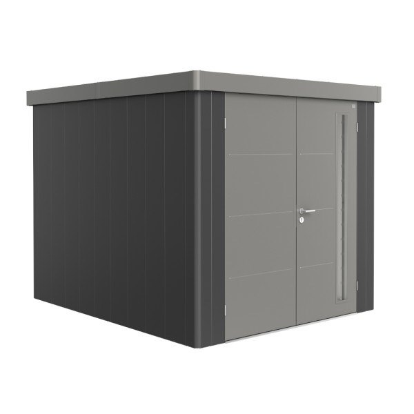 BIOHORT Gerätehaus Neo 3B 236x292 mit Doppeltür (zweifarbig) dunkelgrau- / quarzgrau-metallic