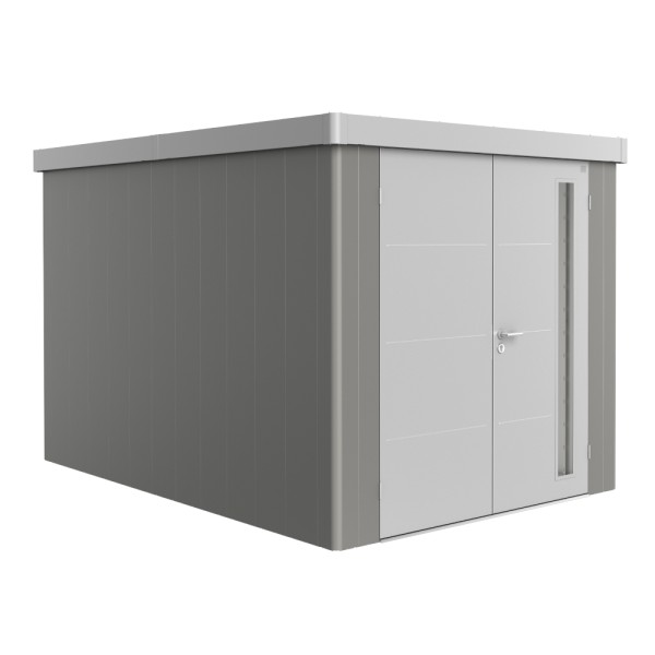 BIOHORT Gerätehaus Neo 4B 236x348 mit Doppeltür (zweifarbig) quarzgrau- / silber-metallic