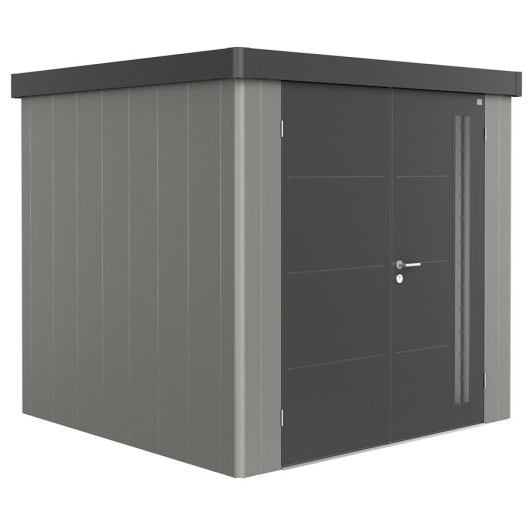 BIOHORT Gerätehaus Neo 2B 236x236 mit Doppeltür quarzgrau-metallic (Wand) dunkelgrau-metallic (Dach-