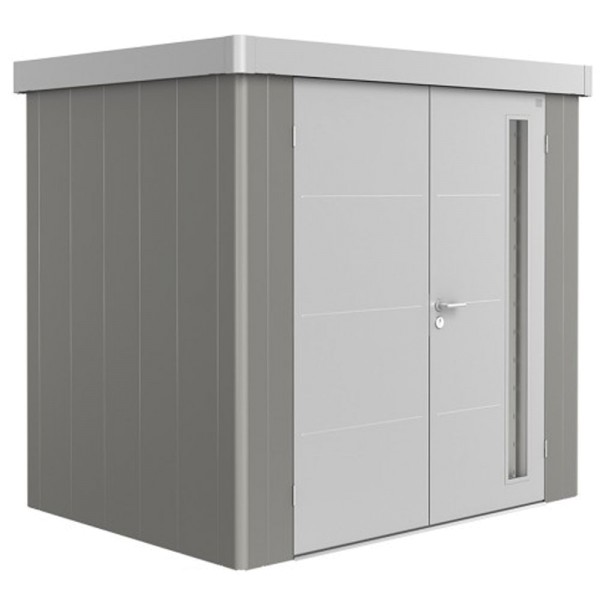 BIOHORT Gerätehaus Neo 1B 236x180 mit Doppeltür (zweifarbig) silber- / quarzgrau-metallic