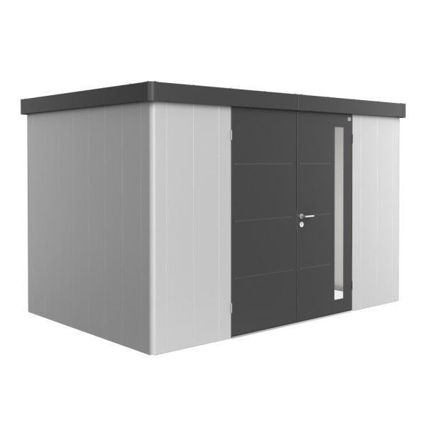 BIOHORT Gerätehaus Neo 2D 348x236 mit Doppeltür (zweifarbig) silber- / dunkelgrau-metallic