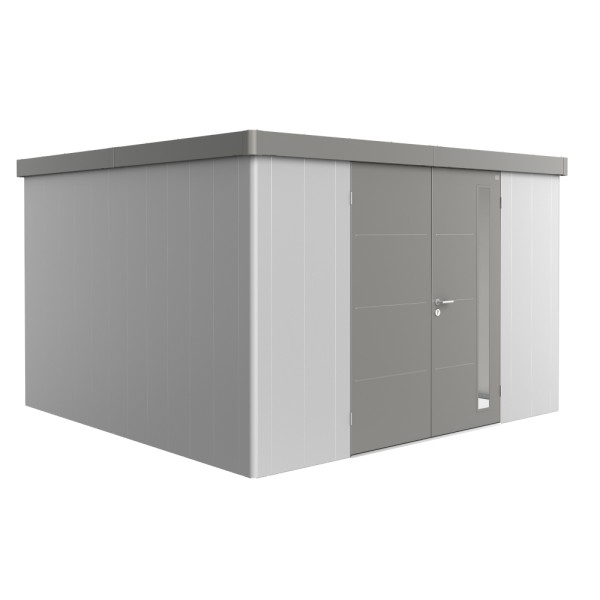 BIOHORT Gerätehaus Neo 4D 348x348 mit Doppeltür (zweifarbig) silber- / quarzgrau-metallic