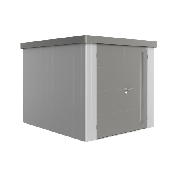 BIOHORT Gerätehaus Neo 3B 236x292 mit Doppeltür (zweifarbig) silber- / quarzgrau-metallic