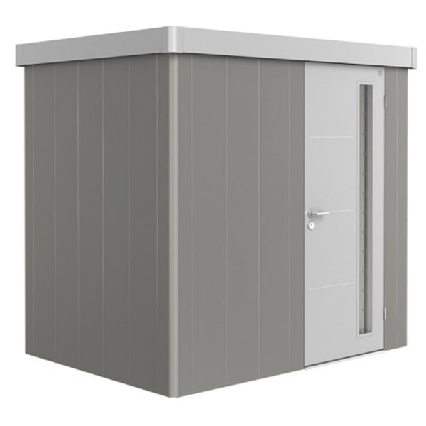 BIOHORT Gerätehaus Neo 1B 236x180 mit Einzeltür quarzgrau-metallic (Wand) silber-metallic (Dach- und