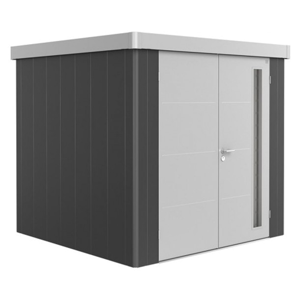 BIOHORT Gerätehaus Neo 2B 236x236 mit Doppeltür (zweifarbig) silber- / quarzgrau-metallic