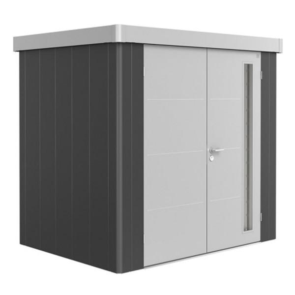BIOHORT Gerätehaus Neo 1B 236x180 mit Doppeltür dunkelgrau-metallic (Wand) quarzgrau-metallic (Dach-