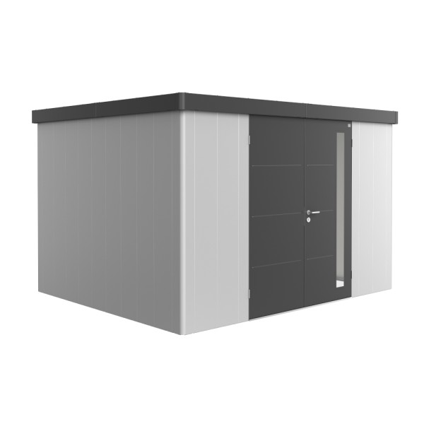 BIOHORT Gerätehaus Neo 3D 348x292 mit Doppeltür (zweifarbig) silber- / dunkelgrau-metallic