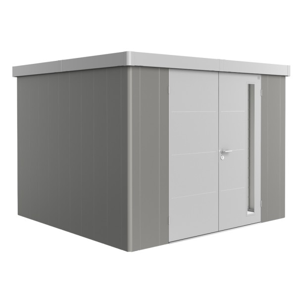 BIOHORT Gerätehaus Neo 3C 292x292 mit Doppeltür (zweifarbig) quarzgrau- / silber-metallic