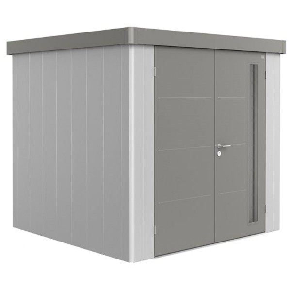 BIOHORT Gerätehaus Neo 2B 236x236 mit Doppeltür silber-metallic (Wand) quarzgrau-metallic (Dach- und