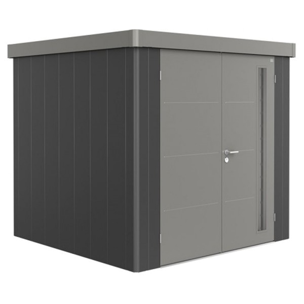 BIOHORT Gerätehaus Neo 2B 236x236 mit Doppeltür dunkelgrau-metallic (Wand) quarzgrau-metallic (Dach-