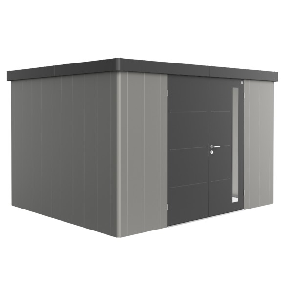 BIOHORT Gerätehaus Neo 3D 348x292 mit Doppeltür (zweifarbig) quarzgrau- / dunkelgrau-metallic