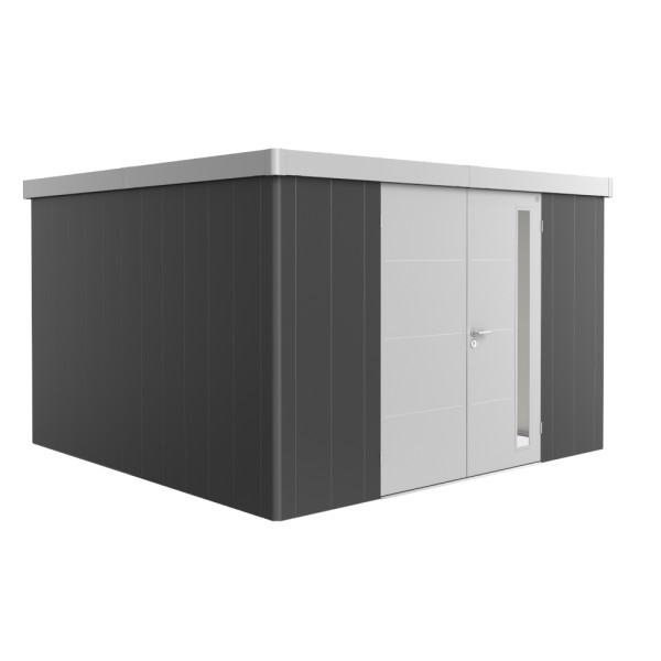 BIOHORT Gerätehaus Neo 4D 348x348 mit Doppeltür (zweifarbig) dunkelgrau- / silber-metallic