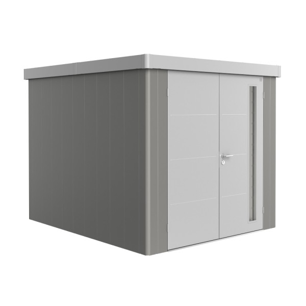 BIOHORT Gerätehaus Neo 3B 236x292 mit Doppeltür (zweifarbig) quarzgrau- / silber-metallic