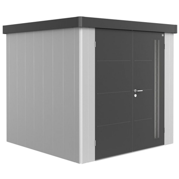 BIOHORT Gerätehaus Neo 2B 236x236 mit Doppeltür silber-metallic (Wand) dunkelgrau-metallic (Dach- un