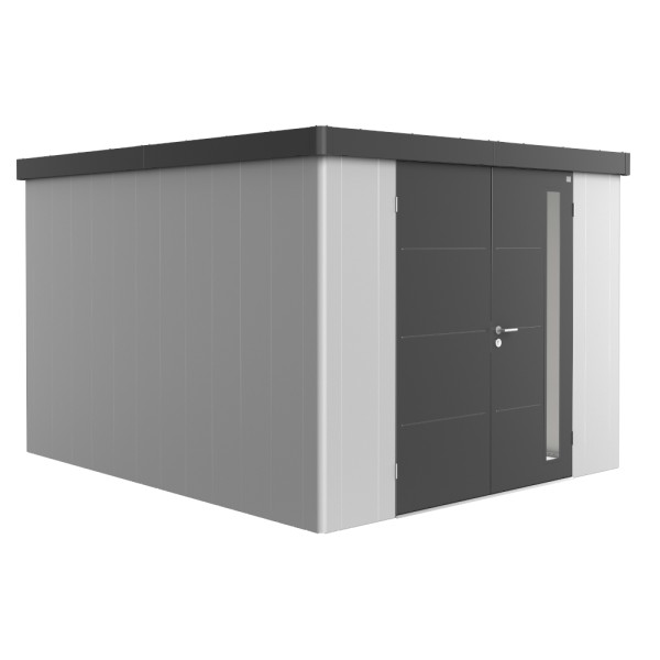 BIOHORT Gerätehaus Neo 4C 292x348 mit Doppeltür (zweifarbig) silber- / dunkelgrau-metallic