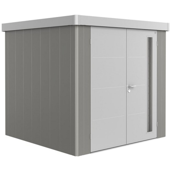 BIOHORT Gerätehaus Neo 2B 236x236 mit Doppeltür quarzgrau-metallic (Wand) silber-metallic (Dach- und