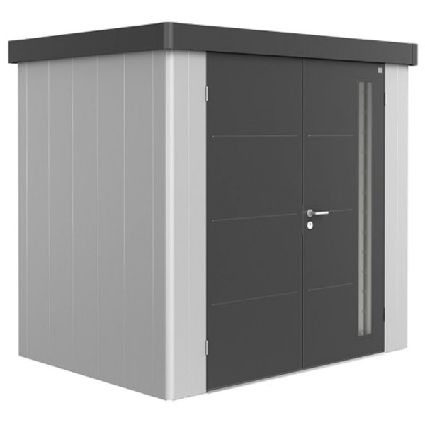 BIOHORT Gerätehaus Neo 1B 236x180 mit Doppeltür silber-metallic (Wand) dunkelgrau-metallic (Dach- un